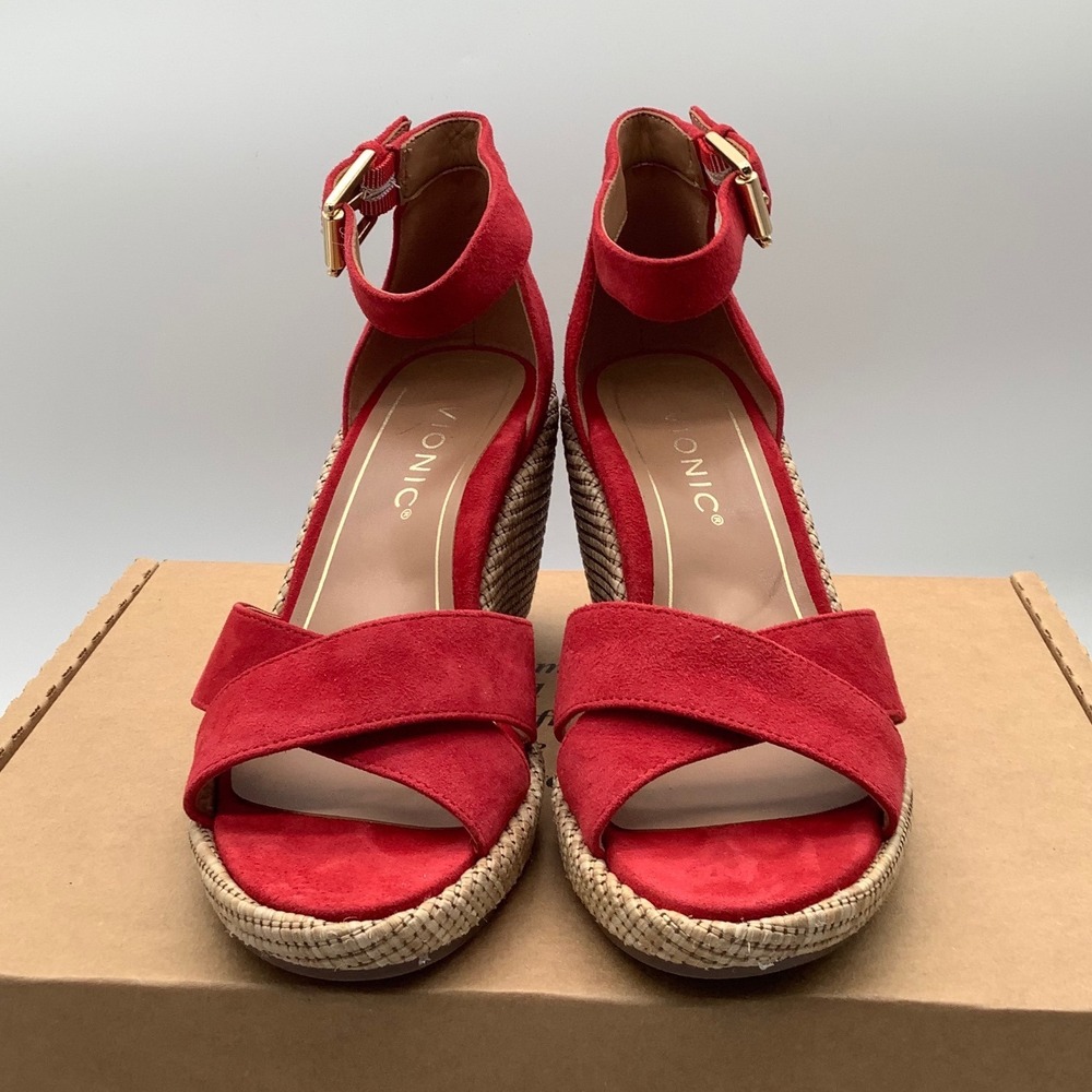 Vionic Marina Red Suede Espadrille Wedge Sandals Ankle Strap Womens‎ 5